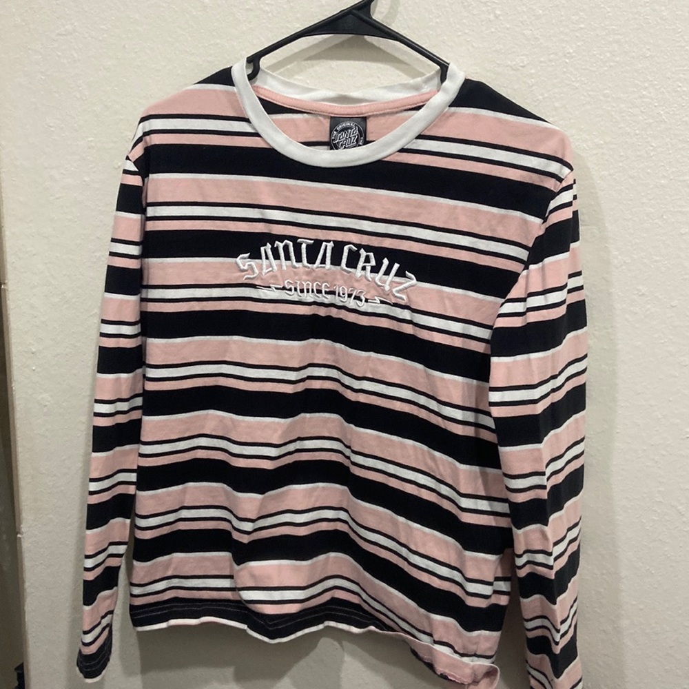 Good condition. Santa Cruz striped skate shirt. “Santa Cruz” “since 1973”